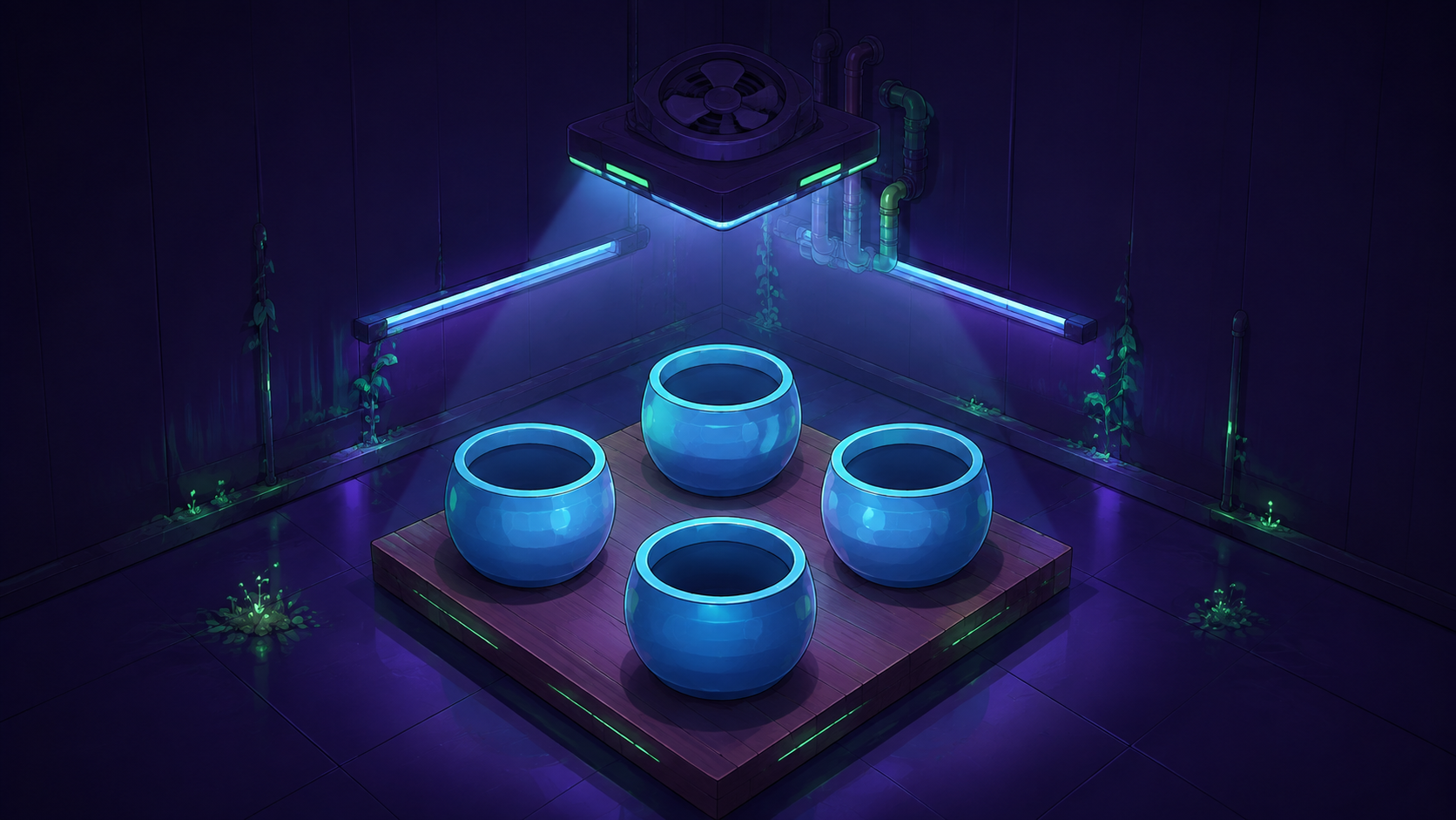 A neon mushroom laboratory with four empty cultivation pots